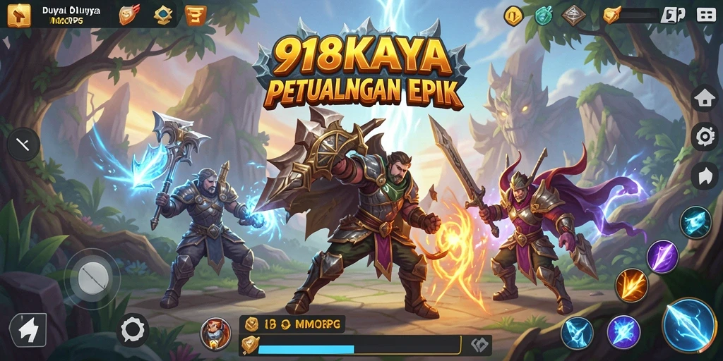 Tangkapan layar gameplay <strong>918KAYA</strong> yang menunjukkan pertempuran epik dan eksplorasi dunia.