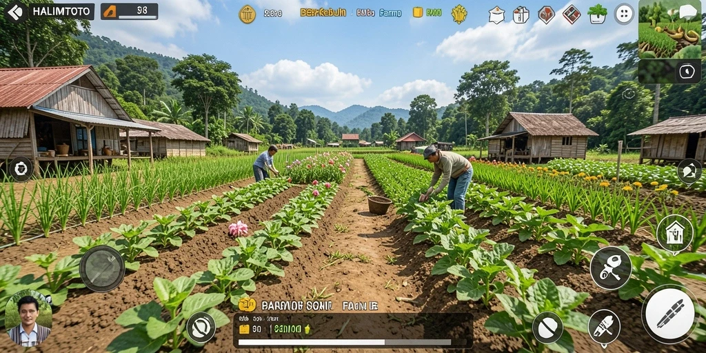Screenshot gameplay HALIMTOTO menampilkan kebun yang subur dan vibrant.
